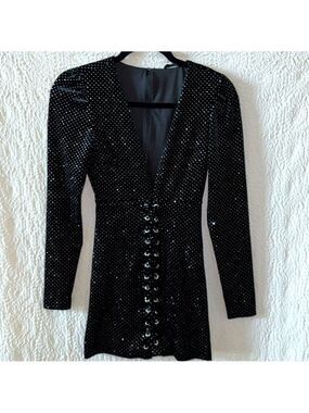 H:OURS by Revolve Shimmering Velvet Lace-Up Deep V-Neck Long Sleeve Mini Dress